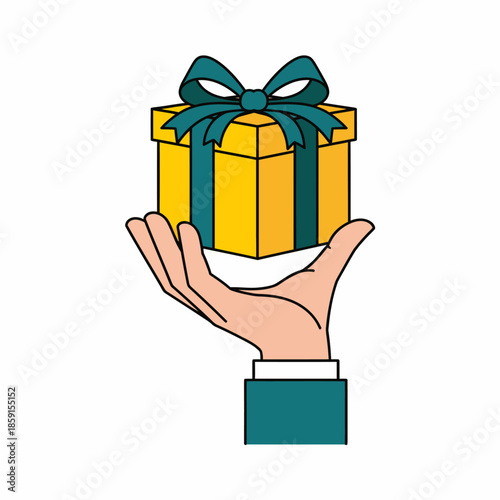 A hand holding a gift box with a ribbon