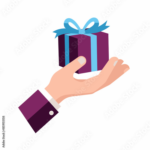 A hand holding a gift box with a blue ribbon