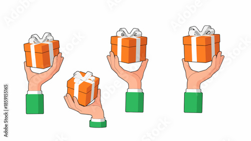 Hands holding gift boxes against a white background