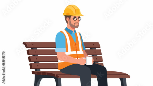 Man sitting on a bench, wearing a helmet and vest, holding a cup, in a relaxed position