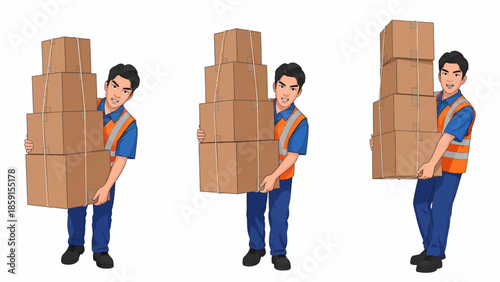 Man carrying boxes in different positions against a white background
