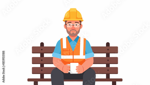 Man in hardhat and safety vest sitting on a bench holding a cup