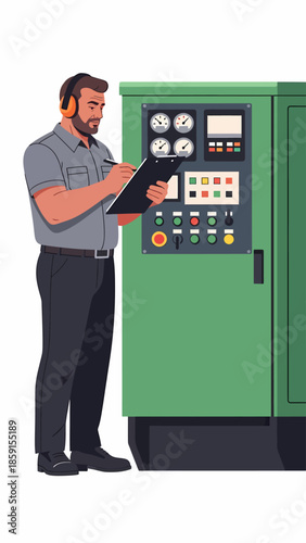 Engineer inspecting industrial machinery control panel with tablet