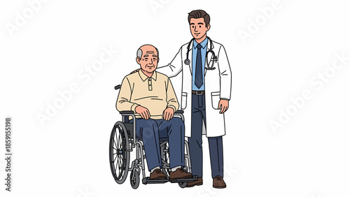 Doctor standing beside elderly patient in a wheelchair
