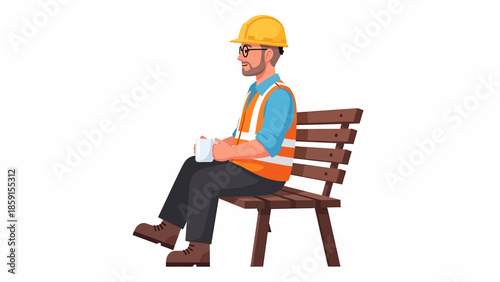 Man in hard hat sitting on bench drinking from bottle