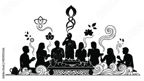 Diverse group sharing peaceful tea ceremony, symbolizing unity and mindful connection