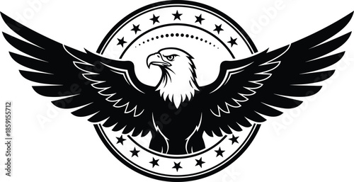 Bald eagle emblem, patriotic symbol, wings spread, American freedom, national pride, majestic bird, USA icon, strength, power, heritage, detailed vector art