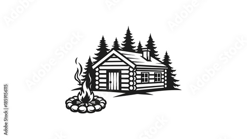 A black and white illustration of a cabin in a forest with a campfire. It is a vector design featuring stylized trees, cabin, and flame