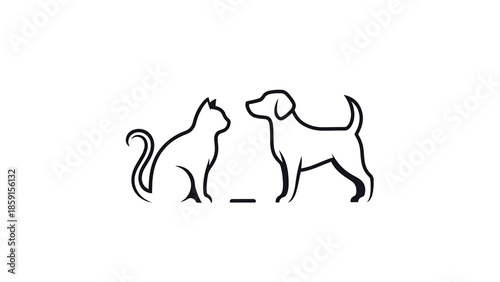 A black and white illustration of a cat and dog facing each other. Simple outlines on a white background. Small dashes between them
