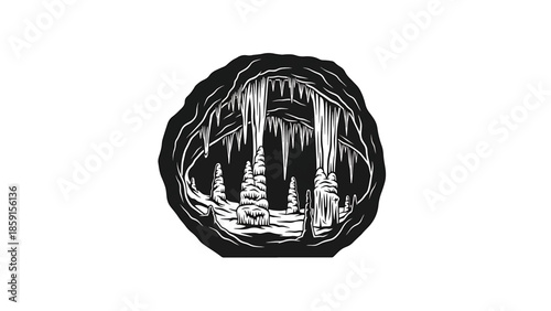 A black and white illustration of a cave interior, depicting stalactites hanging from above and stalagmites on the floor