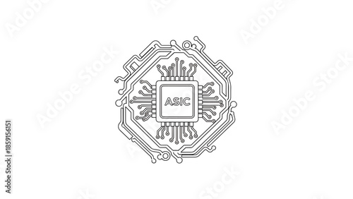 A black and white illustration of a central processing unit (CPU) within a circuit board, with the acronym "ASIC" visible. A simple design
