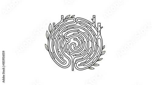 A black and white illustration of a circular maze, encircled by stylized trees and leaves, set against a blank white backdrop. The maze is intricate