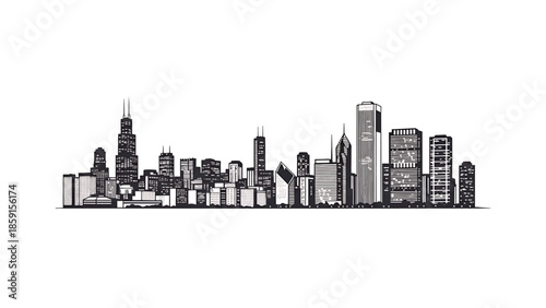 A black and white illustration of a city skyline, featuring various building styles and heights against a stark white background