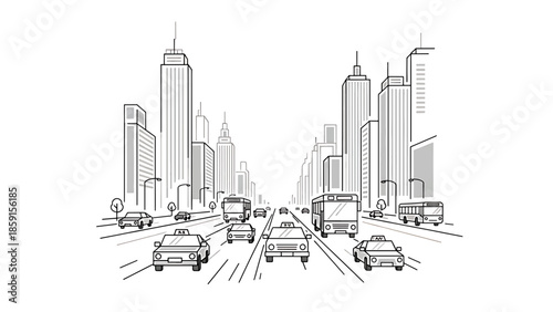 A black and white illustration of a city street scene with buildings, buses, cars, streetlights and trees. Perspective view