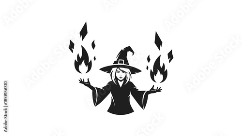A black and white illustration of a figure in a hat with arms outstretched, conjuring fire, with floating crystal shapes