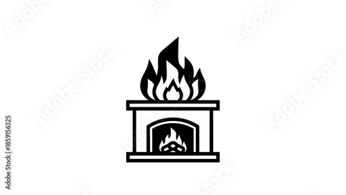 A black and white illustration of a fireplace. Flames rise from within the fireplace and above. The outline is defined