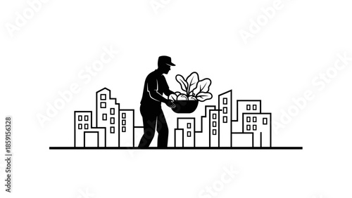 A black and white illustration of a figure carrying a bowl of produce amidst cityscapes, emphasizing urban food and fresh goods