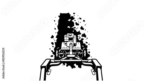 A black and white illustration of a garden tiller in use. Dark, irregular shapes show soil being churned. The machine is front and center