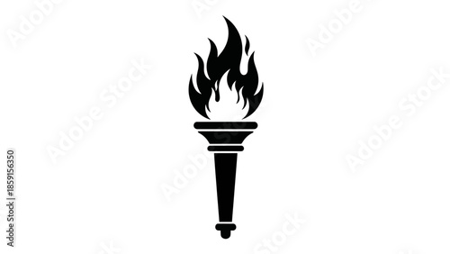 A black and white illustration of a flaming torch. It consists of a handle with a decorative head that holds the flames. It's set against a white background