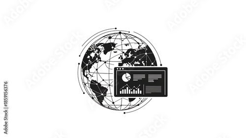 A black and white illustration of a globe with a connected network of lines and a data display icon overlayed