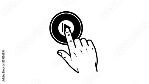 A black and white illustration of a hand pressing a play button. The play button is inside a circle. The finger is pressing