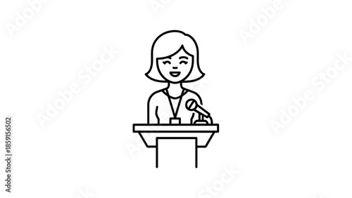 A black and white line drawing illustrates a woman with short hair standing at a podium speaking. There is a microphone in front of her. The background is white