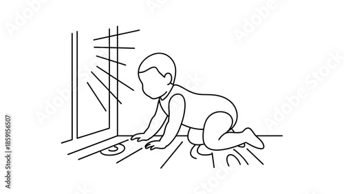A black and white line drawing of a baby crawling towards a window with blinds, curiosity and exploration