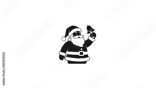 A black and white illustration of a jolly, bearded figure in a festive suit, wearing a hat, ringing a bell. Smiling face