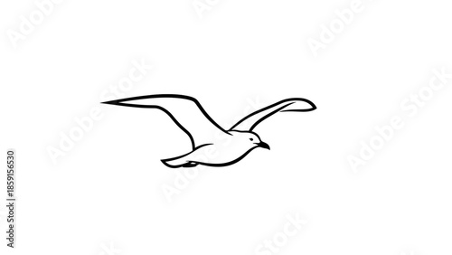 A black and white line drawing of a bird in flight. It has wings outstretched, poised against a plain white background, ready to soar