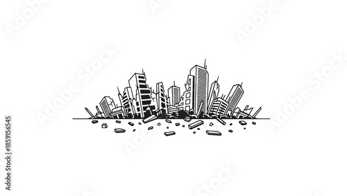 A black and white line drawing of a city in ruins with damaged buildings and debris, hinting at devastation
