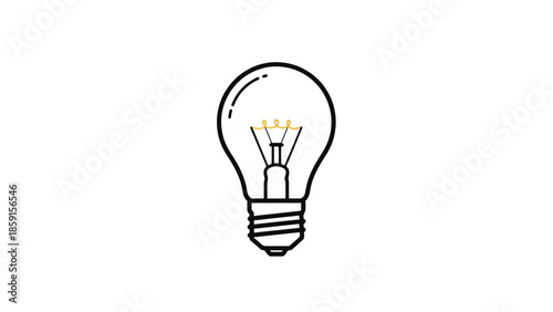 A black and white illustration of a light bulb, the filament appears yellow. The bulb has a screw base. The background is white
