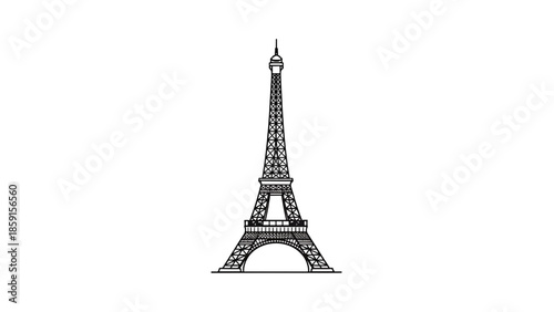 A black and white line drawing of a famous European structure, showing its intricate iron lattice and imposing height. It stands alone