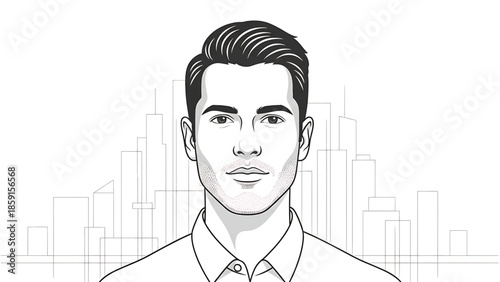 A black and white illustration of a man with stylized features and dark hair, set against a city skyline silhouette. He wears a shirt