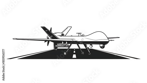 A black and white illustration of a modern unmanned aerial vehicle resting on a runway. Features wings, propellers, and landing gear