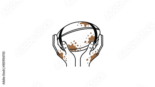 A black and white line drawing of a muddy football held gently in cupped hands. The hands and ball have brown speckles