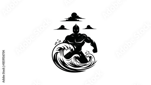 A black and white illustration of a muscular figure emerging from waves, with clouds above. A hero or protector