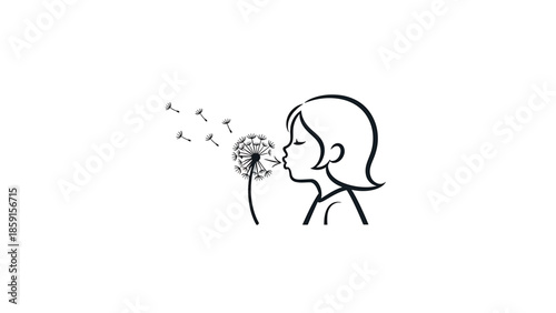 A black and white line drawing of a person blowing dandelion seeds into the air. The subject has short hair