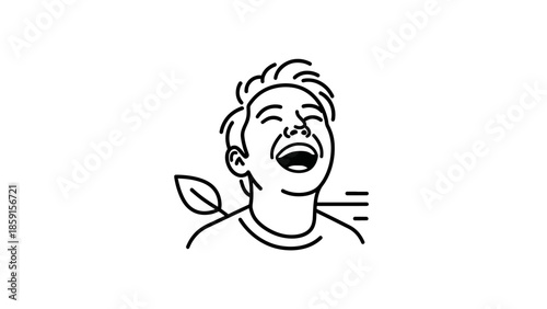 A black and white line drawing of a person laughing. A leaf is behind them. There are lines on the side. The lines might represent air or wind
