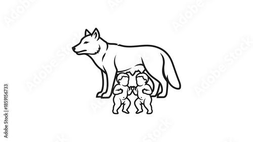 A black and white line drawing of a she-wolf with two human infants. The wolf is standing over the infants