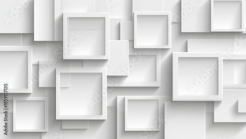A geometric pattern of overlapping white squares creates a modern, minimalist design.