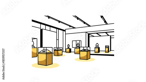 A cartoon depiction of a museum interior, featuring displays illuminated by overhead lighting. The artwork has a minimalist aesthetic