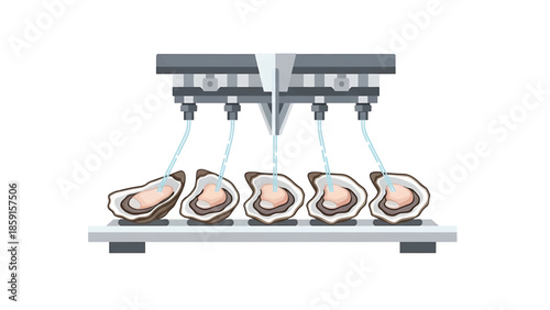 A cartoon depiction of a food processing setup. Oysters sit on a platform being sprayed by nozzles, possibly for cleaning or preparation