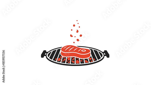 A cartoon depiction of a grilling scene. A steak cooks on a BBQ grill with rising steam. Charcoal beneath the grill adds heat