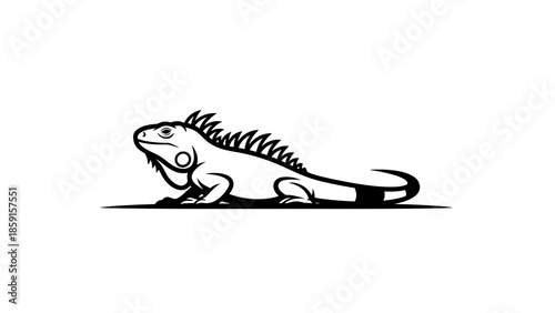 A black and white illustration of a reptile is presented in profile, with sharp spikes running down its back