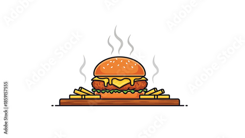 A cartoon depiction of a hamburger with sesame seed bun, a patty, melting cheese, and green lettuce, accompanied by french fries