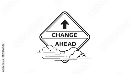 A black and white illustration of a road sign indicating "Change Ahead." The sign features an arrow and is set against a cloudy background