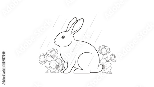 A black and white illustration of a rabbit in the rain surrounded by flowers. The artwork is simplistic and detailed