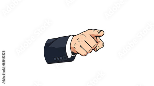 A cartoon depiction of a hand extending and pointing. The arm is clad in a dark blue suit jacket. The background is white
