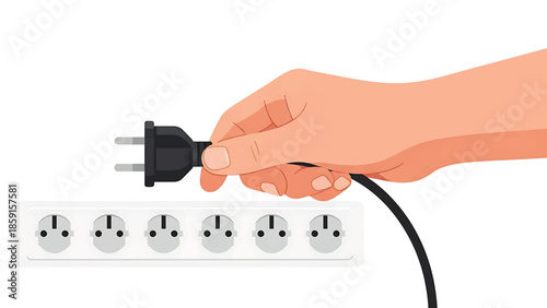 A cartoon depiction of a hand holding a black electrical plug with two prongs, near a white power strip with six outlets
