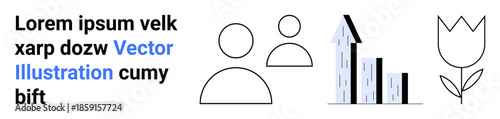 Business strategy, teamwork, urban growth, development planning, communication, sustainability. Minimalistic icons including people, skyscraper flower and text. Business strategy and teamwork